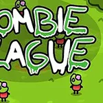 Tegneseriestil bilde av små, grønne zombier med rosa hjerner på et grønt bakgrunn og teksten Zombie Plague i store bokstaver