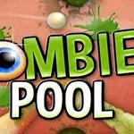 Fargerik tekst med ordet Zombie Pool med et øyeeple som O og fargede flekker i bakgrunnen