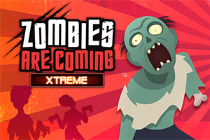Tegneserie-zombie med et stort åpent gapende uttrykk foran en rød bakgrunn, med teksten Zombies Are Coming Xtreme