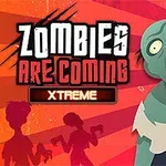 Tegneserie-zombie med et stort åpent gapende uttrykk foran en rød bakgrunn, med teksten Zombies Are Coming Xtreme