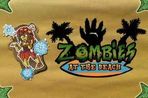Silhuetter av palmetrær og en hevet hånd, med teksten Zombies at the Beach ved siden av en tegnet zombiefigur i hawaii-inspirerte klær