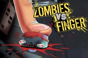 En stor finger tråkker på et tegneseriezombiehode med blodsprut rundt, med teksten Zombies vs Finger i bakgrunnen