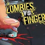 En stor finger tråkker på et tegneseriezombiehode med blodsprut rundt, med teksten Zombies vs Finger i bakgrunnen