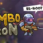 En tegnet figur med hjelm og gevær står ved siden av teksten Zombotron med en snakkeboble som sier Re-Boot