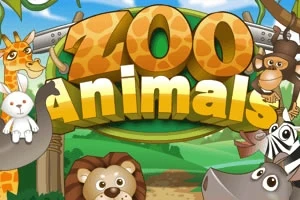 Tegneserieaktige zoo-dyr rundt teksten Zoo Animals i en fargerik og leken stil