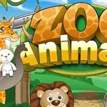 Tegneserieaktige zoo-dyr rundt teksten Zoo Animals i en fargerik og leken stil