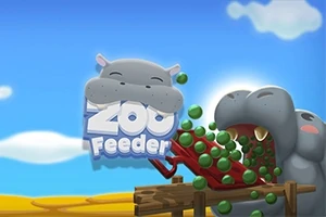 Tegneserieflodhest som spiser grønne kuler ved siden av teksten Zoo Feeder på en klar blå himmel bakgrunn