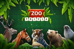 Flere dyr, inkludert en hjort, hest, tiger, bjørn og sel, er omgitt av grønne blader med teksten Zoo Trivia i midten