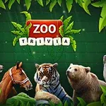 Flere dyr, inkludert en hjort, hest, tiger, bjørn og sel, er omgitt av grønne blader med teksten Zoo Trivia i midten