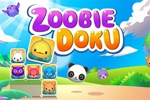 Fargerik illustrasjon med søte dyreikoner og teksten Zoobie Doku mot en fargerik bakgrunn med skyer og natur