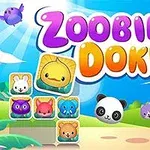 Fargerik illustrasjon med søte dyreikoner og teksten Zoobie Doku mot en fargerik bakgrunn med skyer og natur