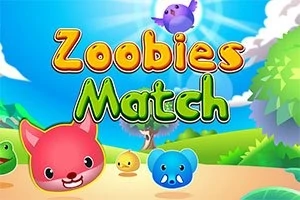 Bildet viser fargerike dyreansikter og teksten Zoobies Match med en solfylt og grønn bakgrunn