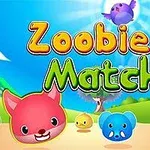 Bildet viser fargerike dyreansikter og teksten Zoobies Match med en solfylt og grønn bakgrunn