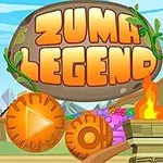 Tegneserieinspirert bilde med stor steinplate som viser teksten Zuma Legend, omgitt av fargerike detaljer og flammer
